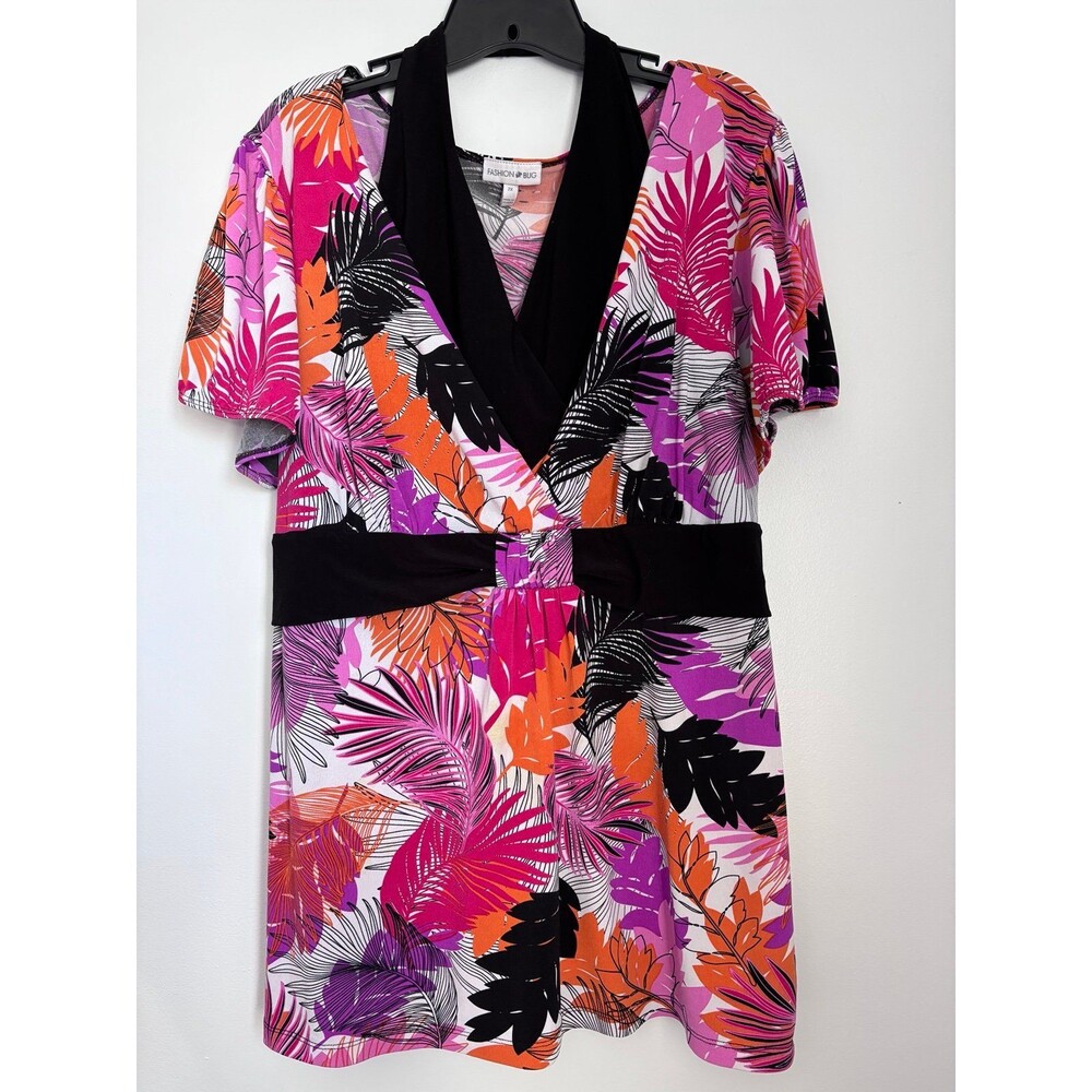 Fashion Bug Pink Purple Tropical Flowy Tie Back Halter Vneck Blouse size 2x